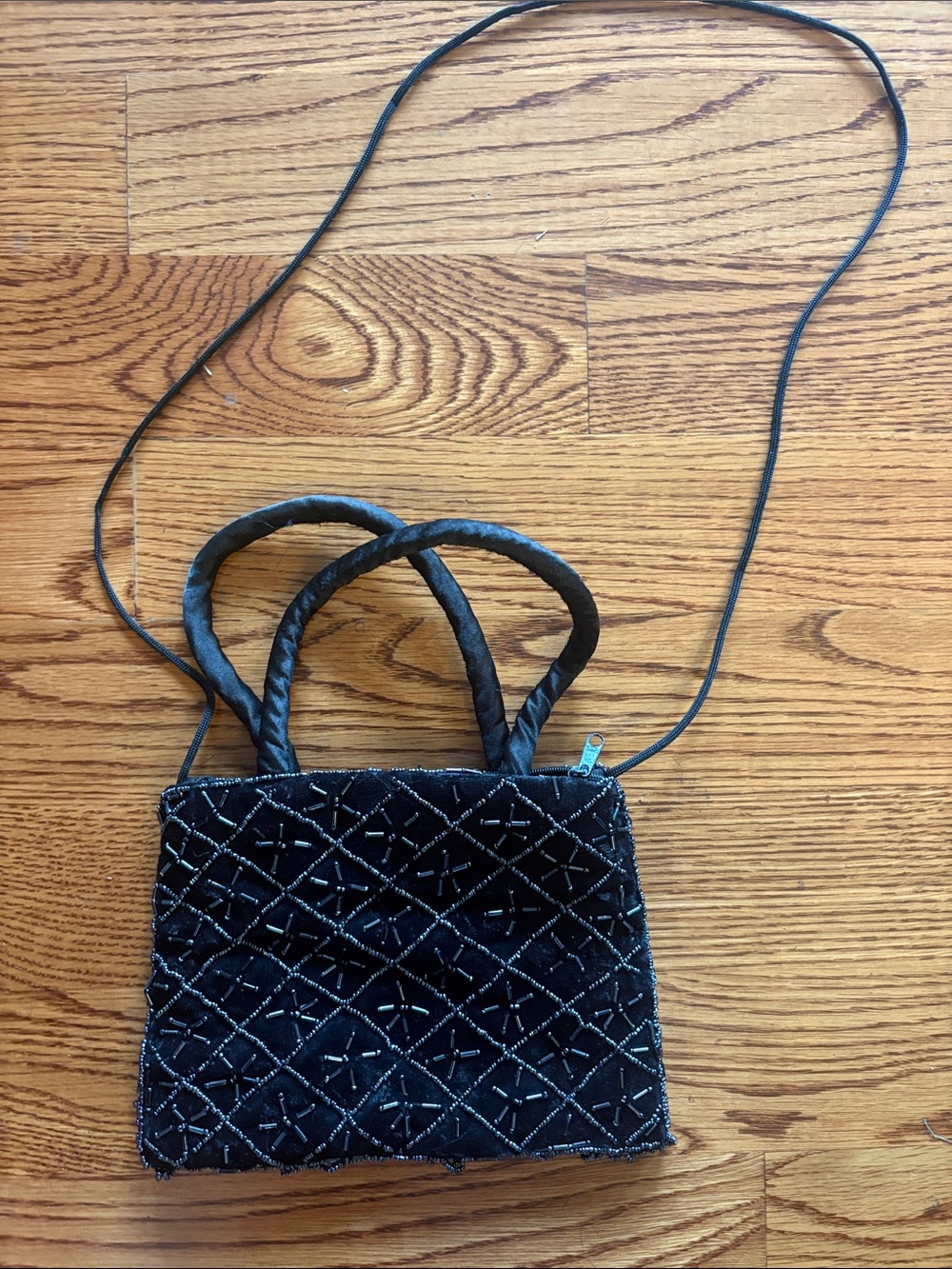 Vintage Black Beaded Evening Handbag double handles zipper NEW